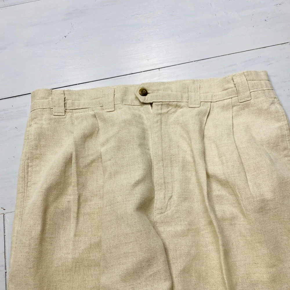 Dockers Pleated Linen Blend Pants Mens 34x29 Beige Khaki Cuffed Straight Pant